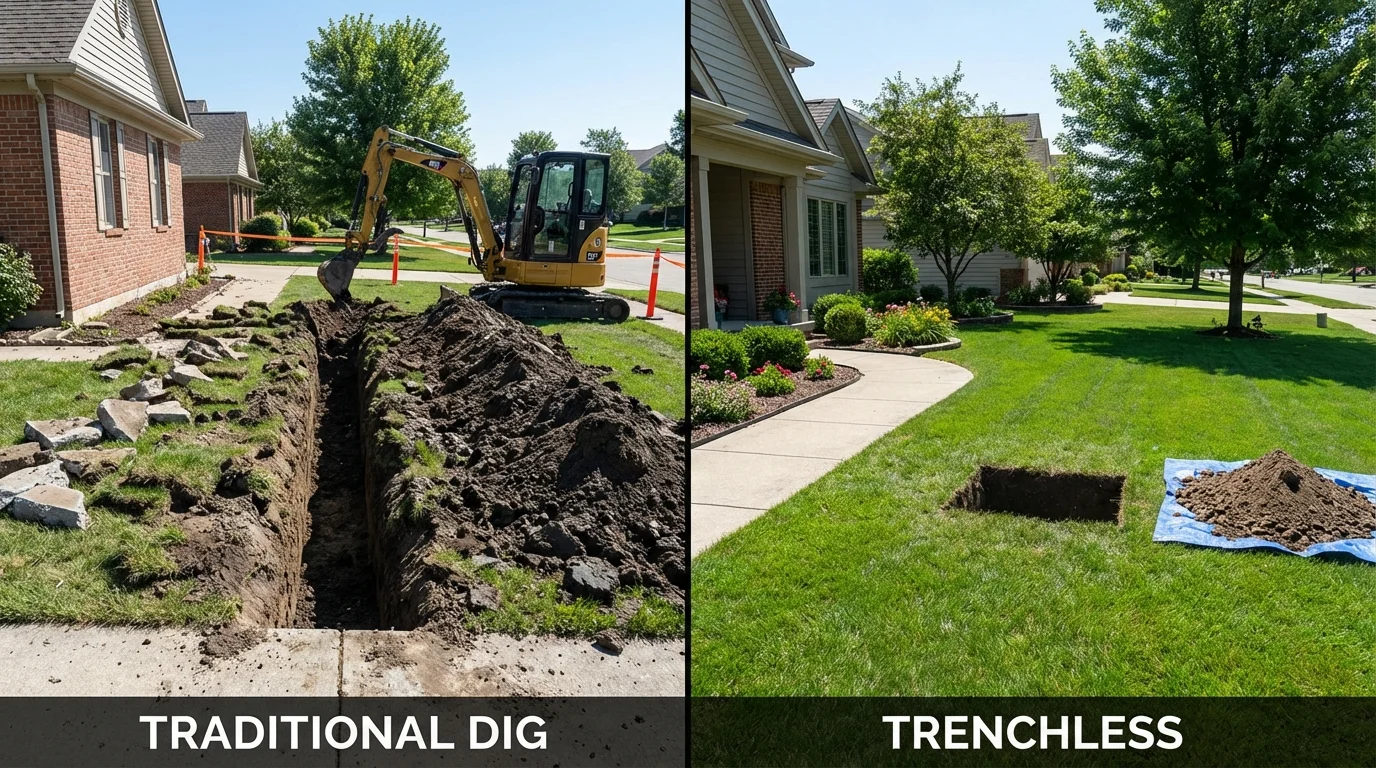 Trenchless sewer repair with minimal yard damage versus traditional excavation in Lockport, IL